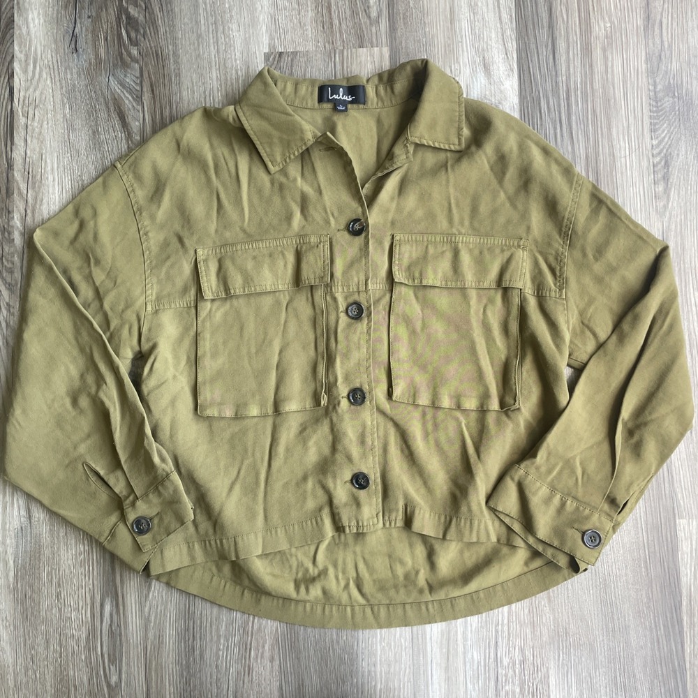 Lulus Cropped Oversized Jacket Olive Green Pockets Full Button Casual Womens L